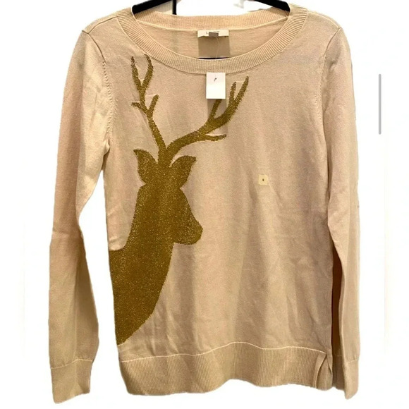 Loft Women’s 100% Cotton Crewneck Gold Reindeer Holiday Sweater Size Small NWT‎ - Picture 1 of 10
